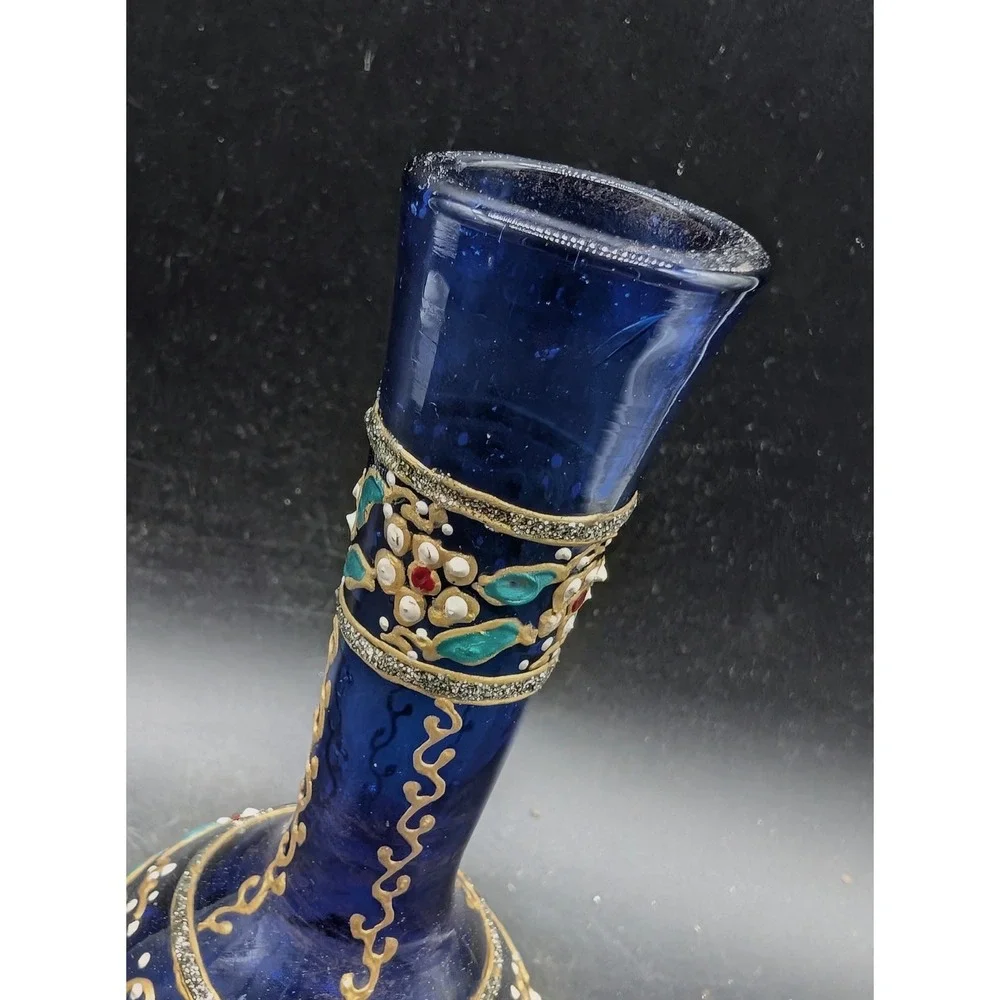 Vintage Cobalt Blue Glass Vase Hand Painted Enamel Floral Gilt Scrollwork Ornate